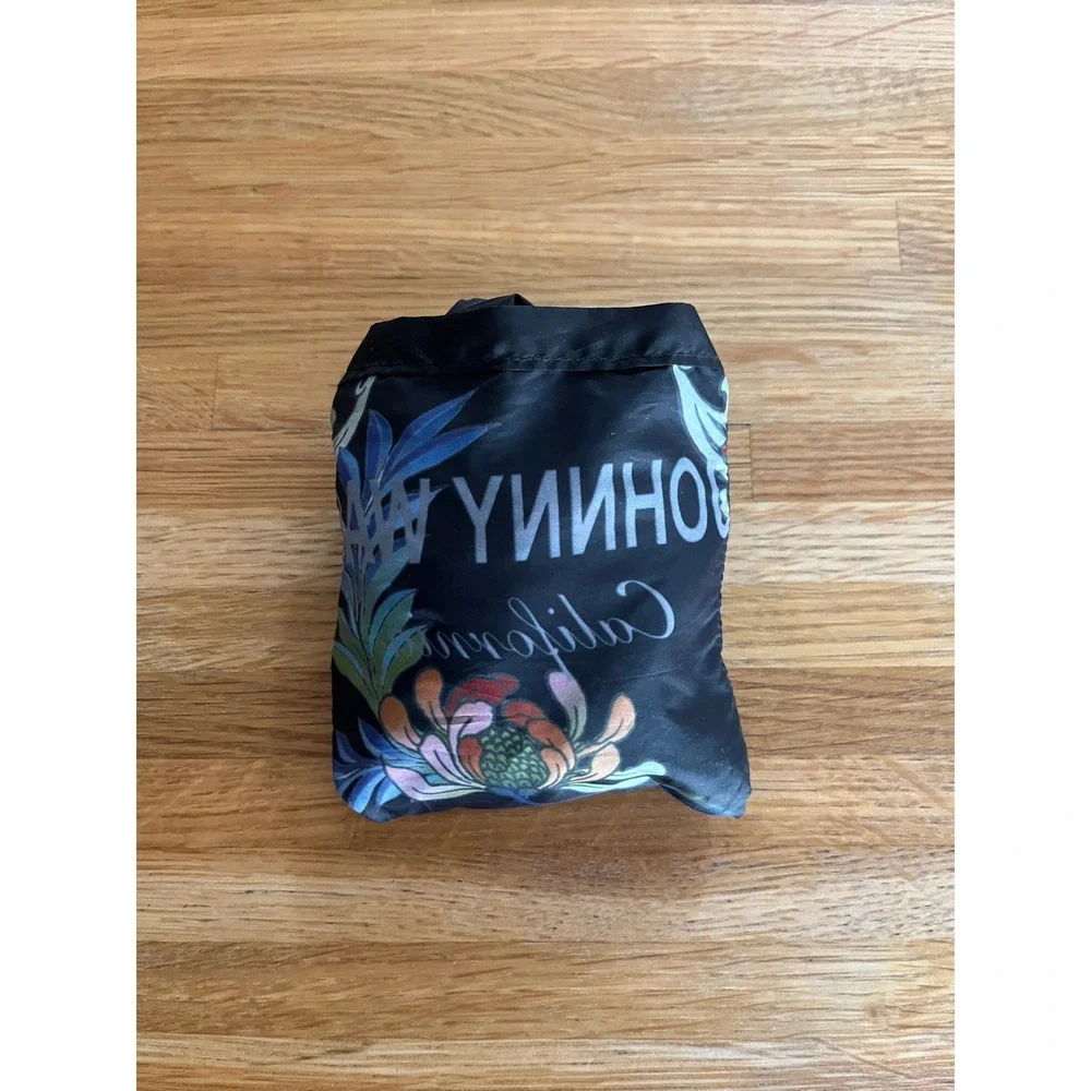 Johnny Was Packable Tote Bag Tropical Bird Floral Print Foldable Shopper Black